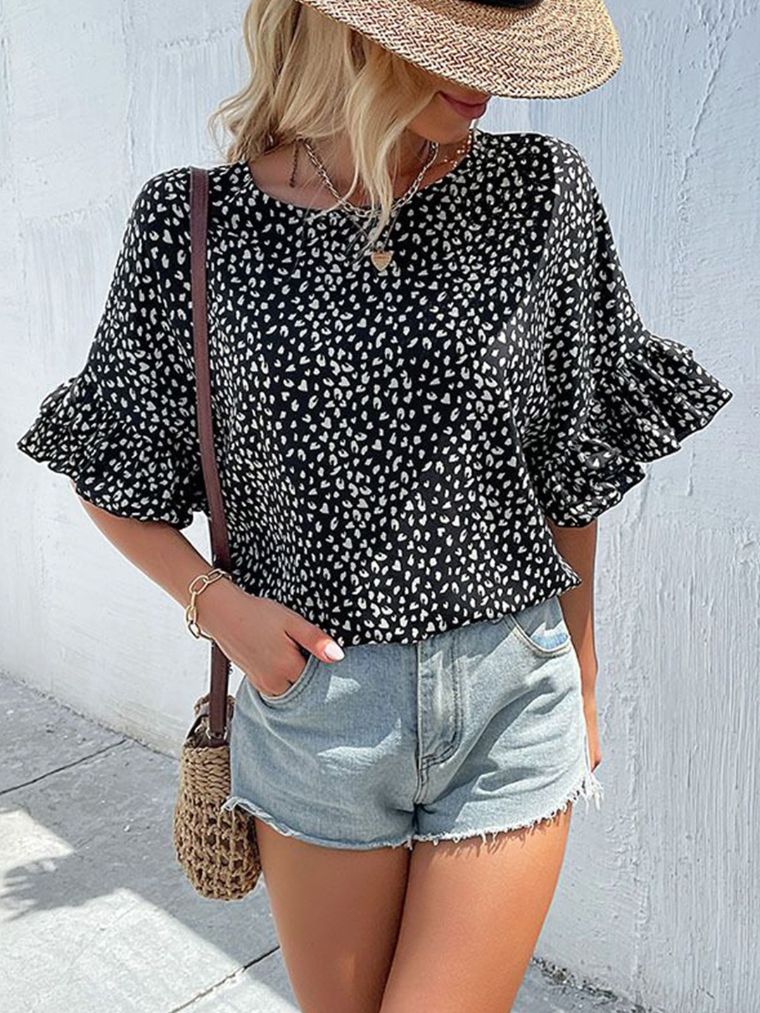 

StyleCast Geometric Print Bell Sleeve Top, Black