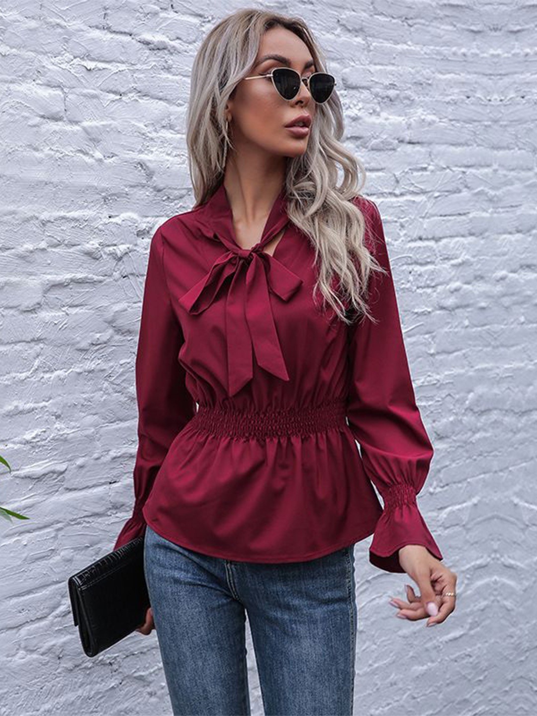 

StyleCast Tie-Up Neck Cinched Waist Top, Magenta