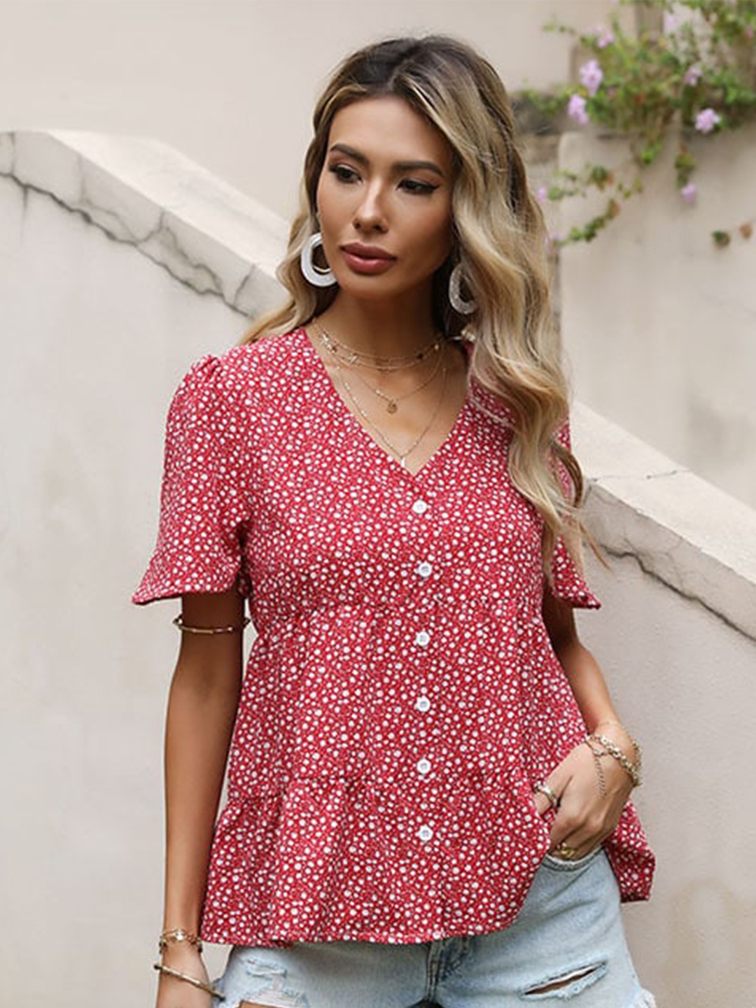 

StyleCast Women Geometric Printed Chiffon Shirt Style Top, Red