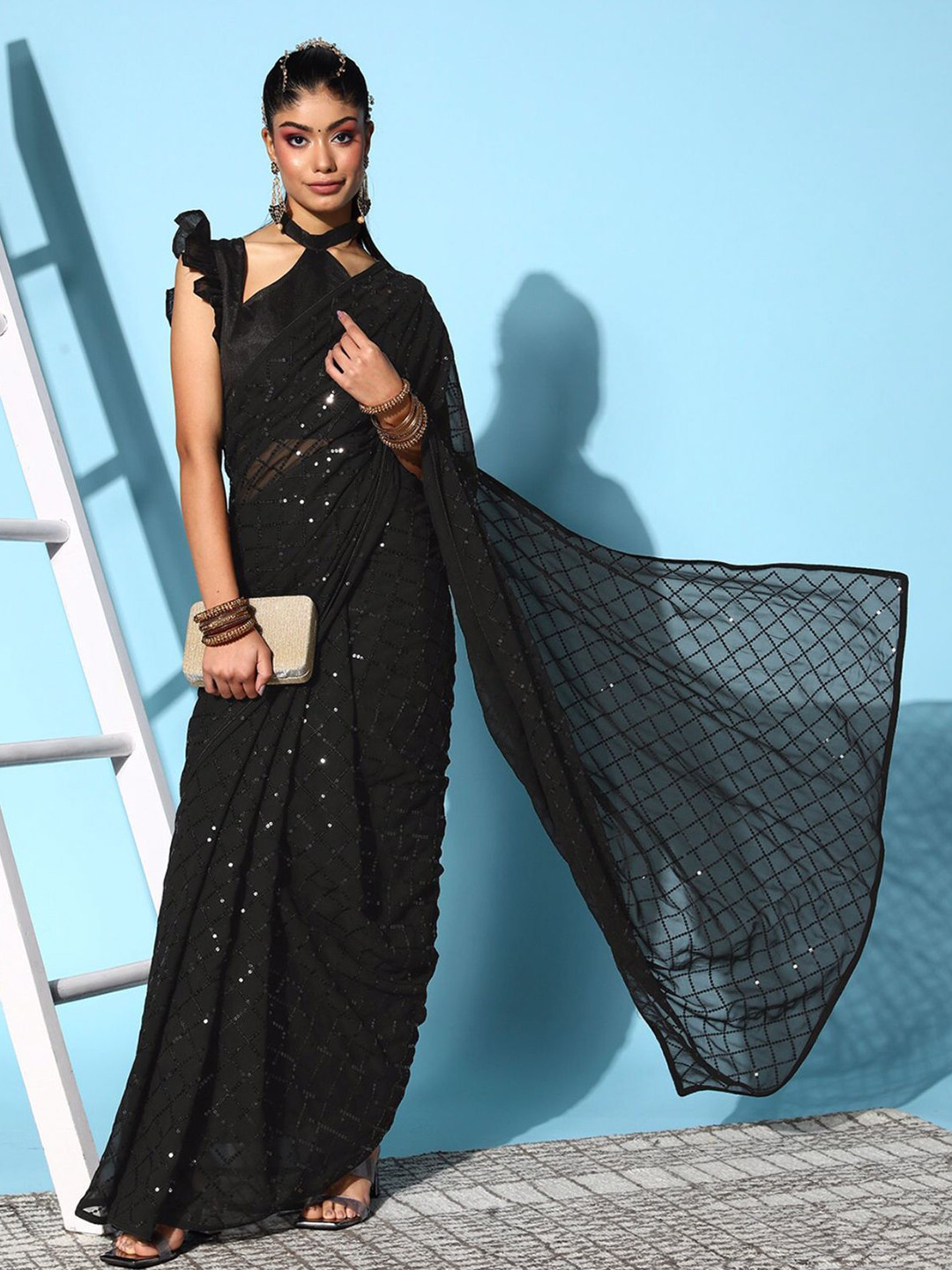 

KALINI Sequinned Pure Georgette Heavy Work Saree, Black