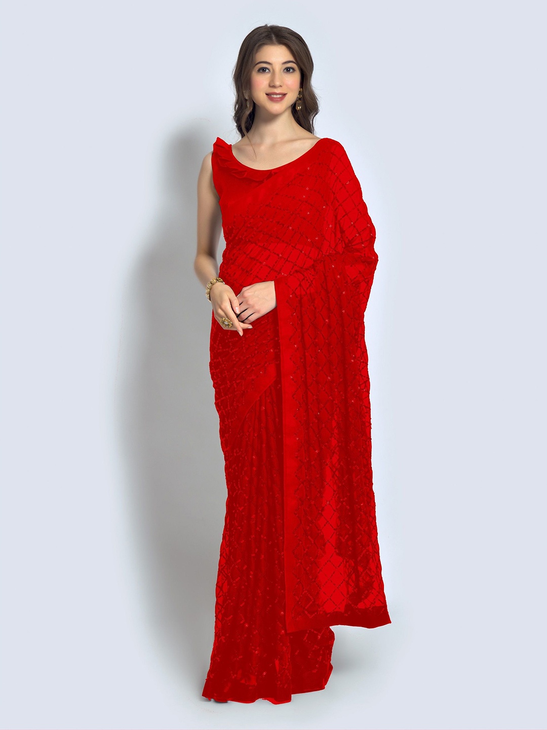 

KALINI Embellished Sequinned Pure Georgette Saree, Red