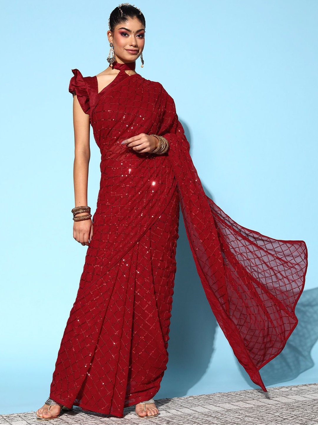

KALINI Embellished Sequinned Pure Georgette Saree, Red