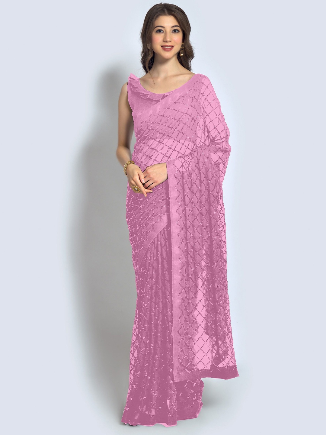 

KALINI Striped Embellished Sequinned Pure Georgette Saree, Mauve