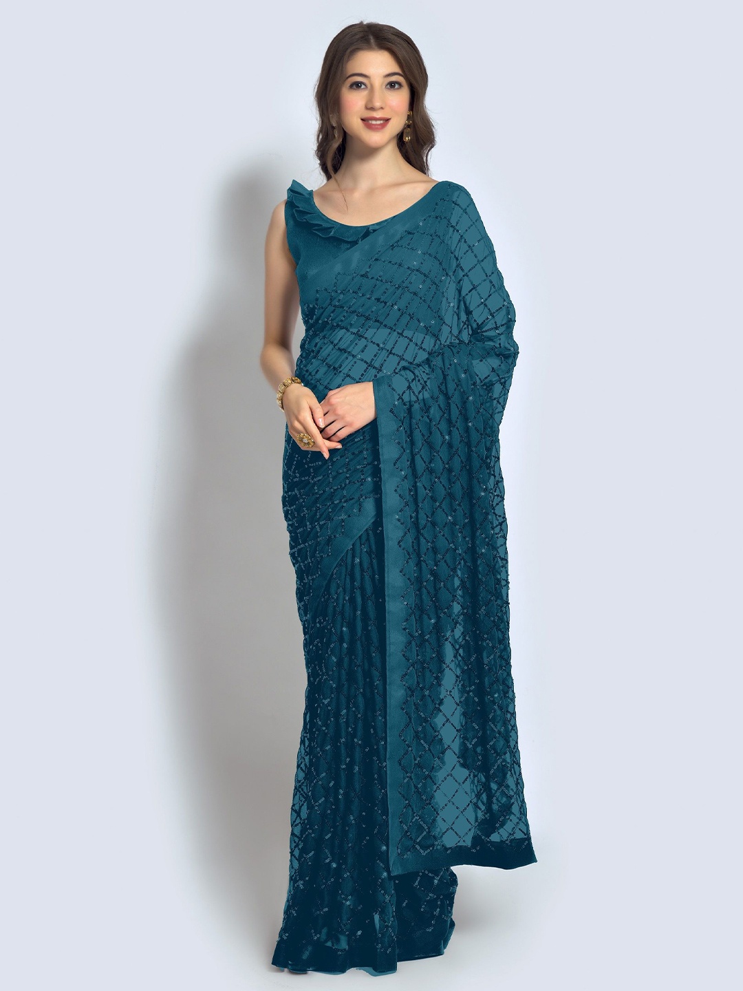 

KALINI Sequinned Pure Georgette Heavy Work Saree, Teal