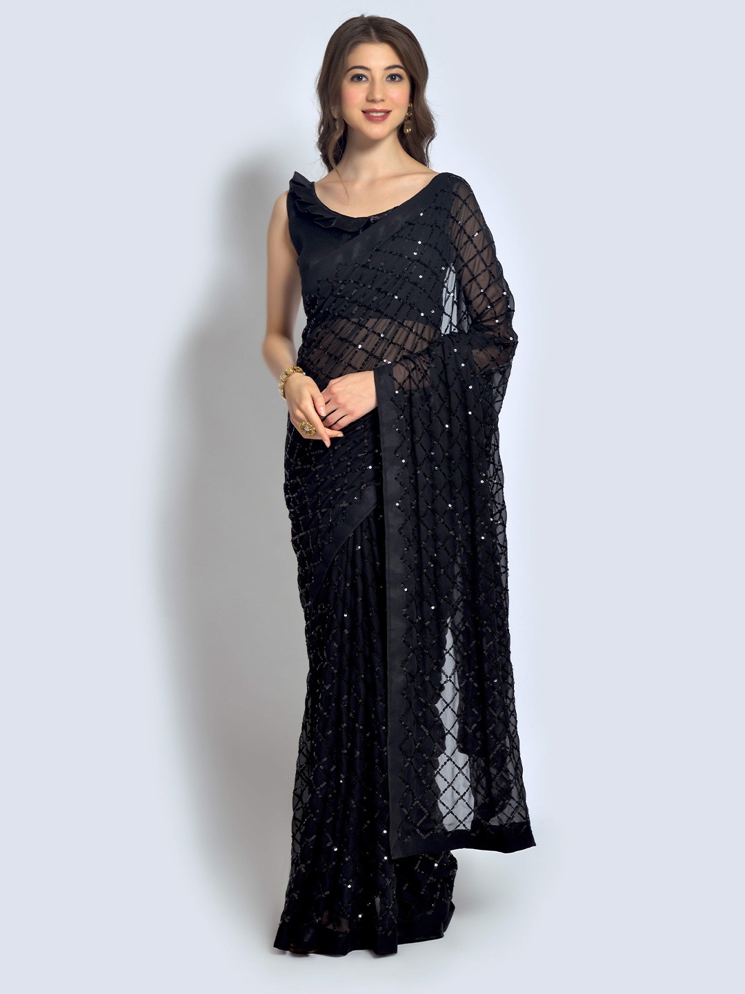 

KALINI Sequinned Pure Georgette Saree, Black