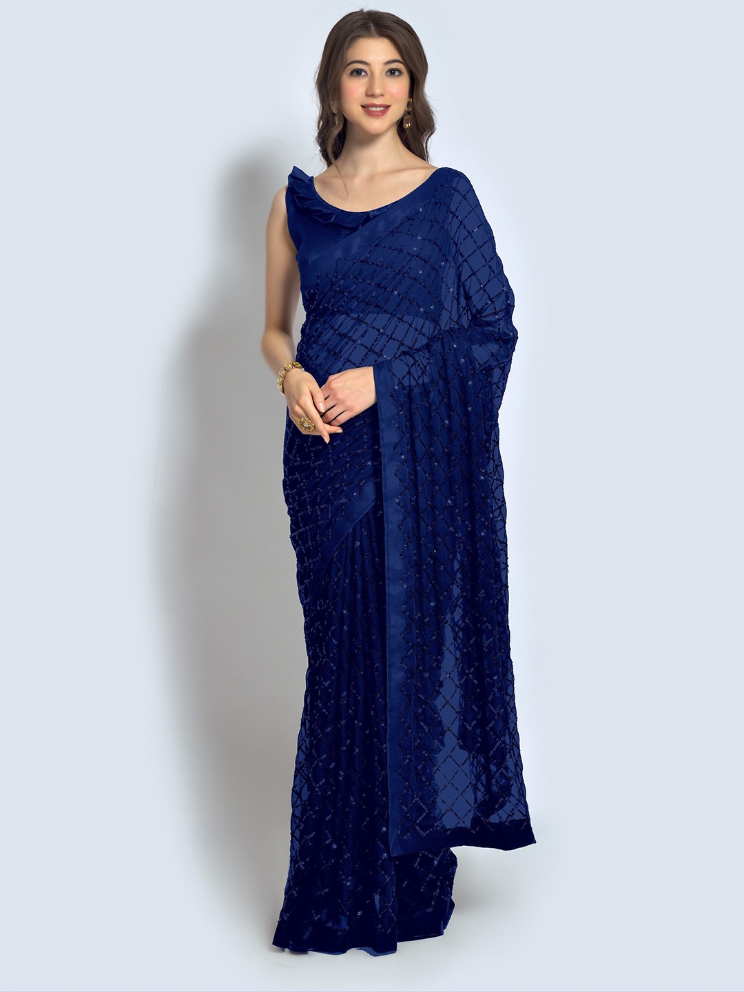 

KALINI Embellished Sequinned Pure Georgette Saree, Blue