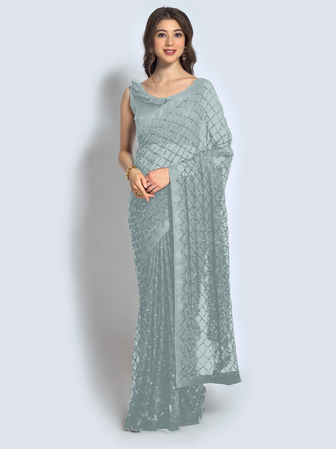 

KALINI Embellished Sequinned Pure Georgette Saree, Grey