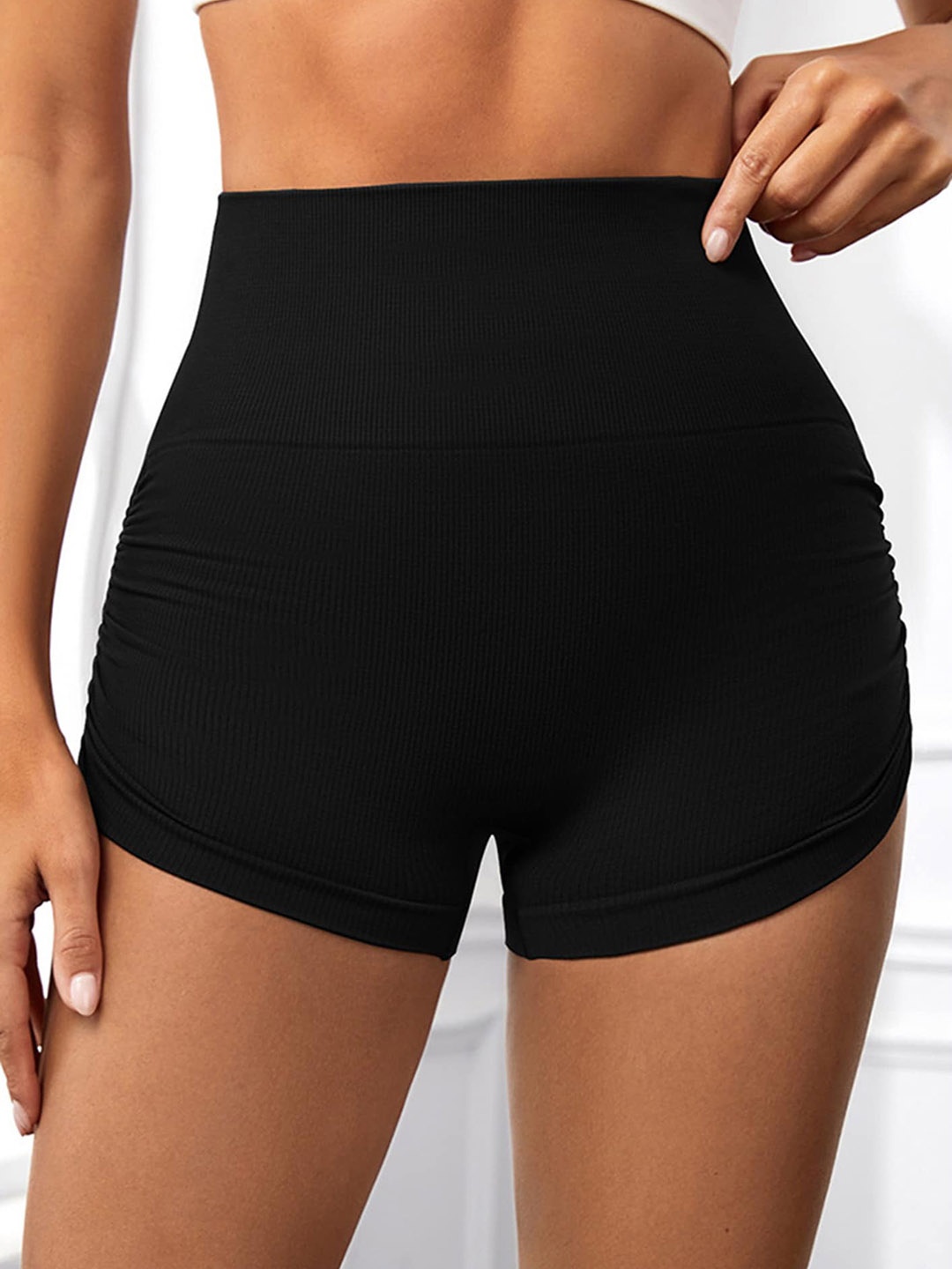 

LULU & SKY Women Ribbed Ruched Detail Slim Fit High-Rise Sports Shorts, Black