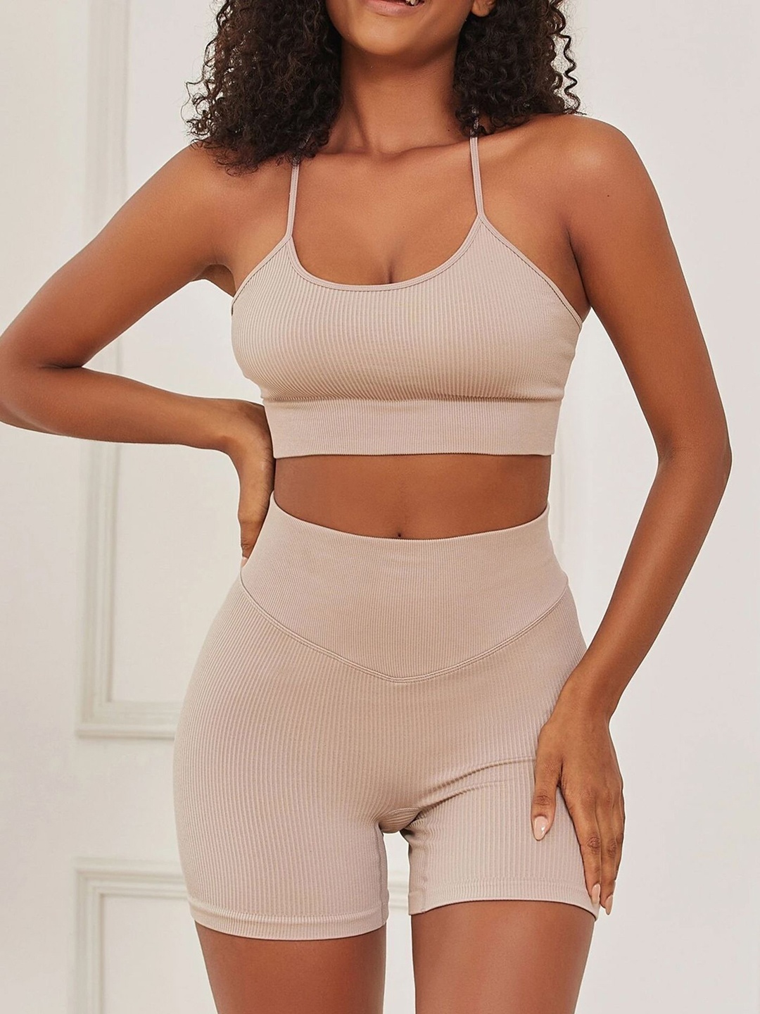 

LULU & SKY Women Sports Bra & Shorts Tracksuits, Beige