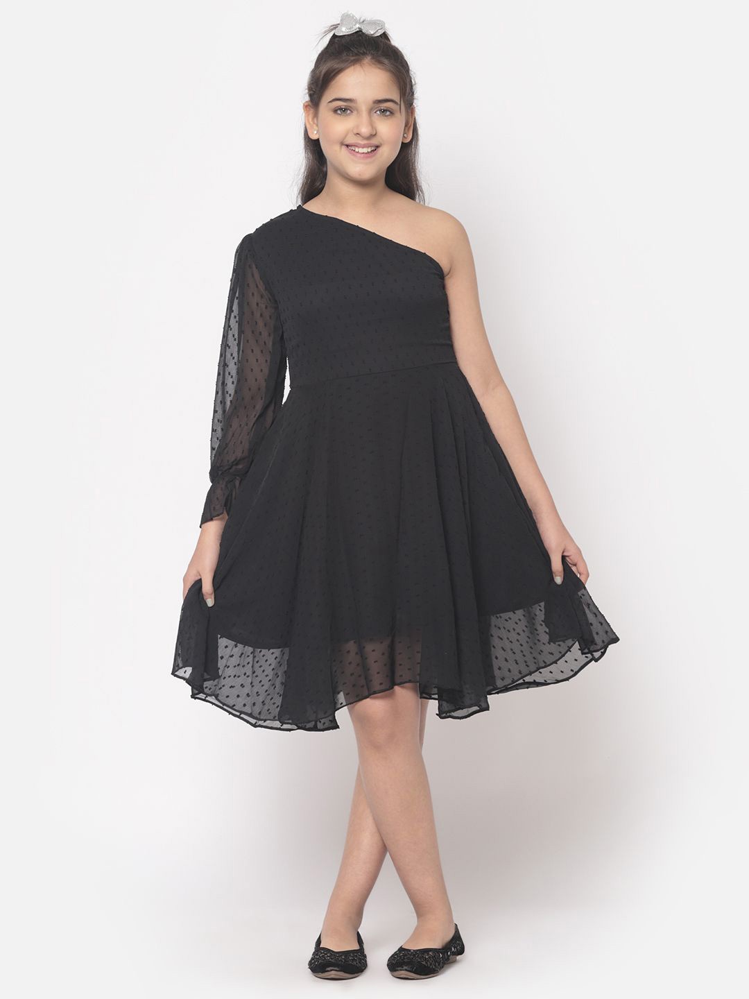 

MINOS Girls Chiffon One Shoulder Fit & Flare Dress, Black