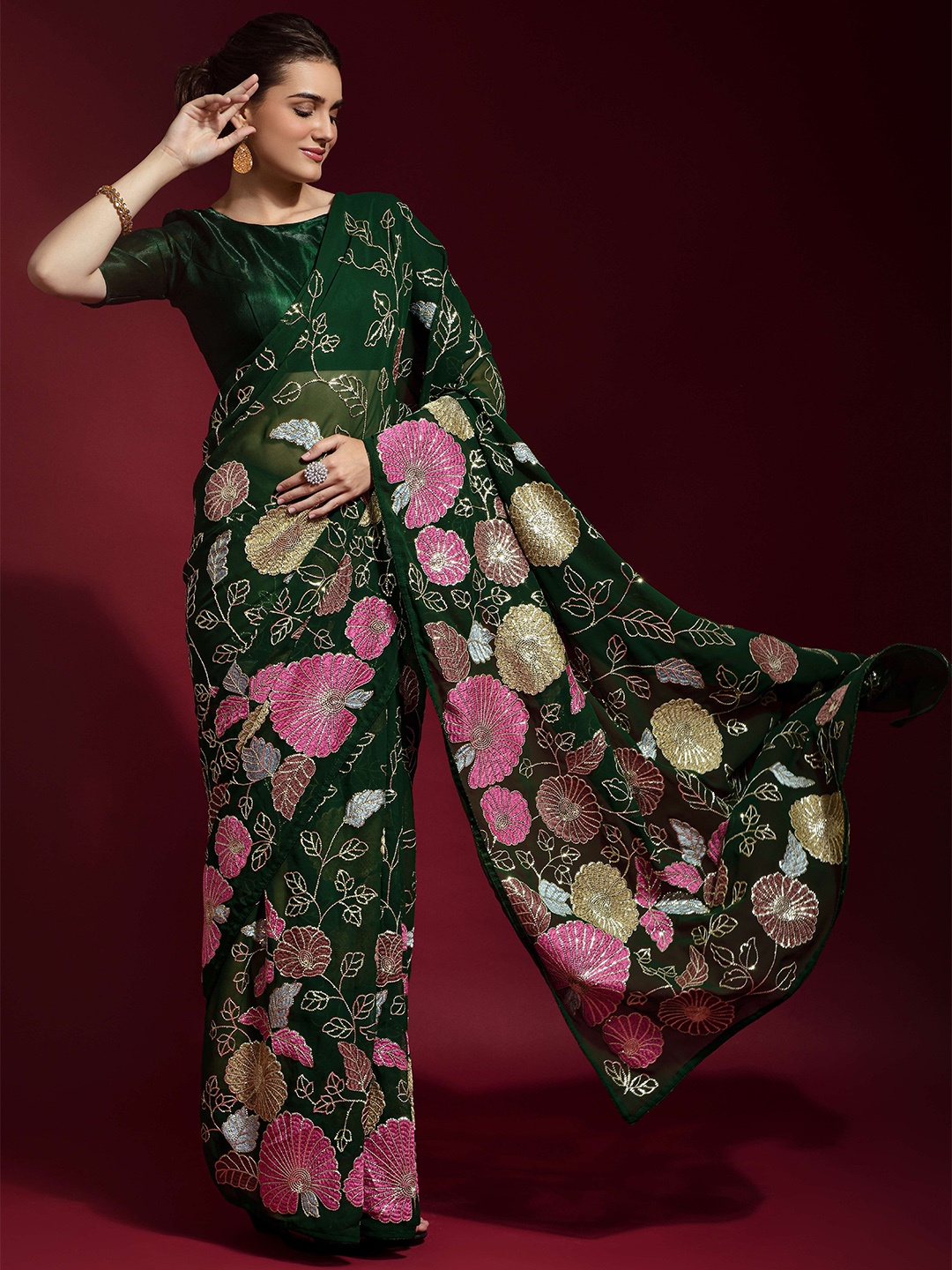 

KALINI Floral Embroidered Pure Georgette Saree, Green