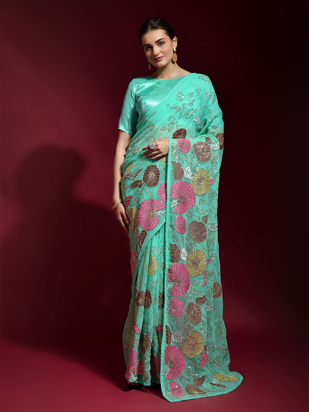 

KALINI Ethnic Motifs Embroidered Pure Georgette Heavy Work Saree, Green