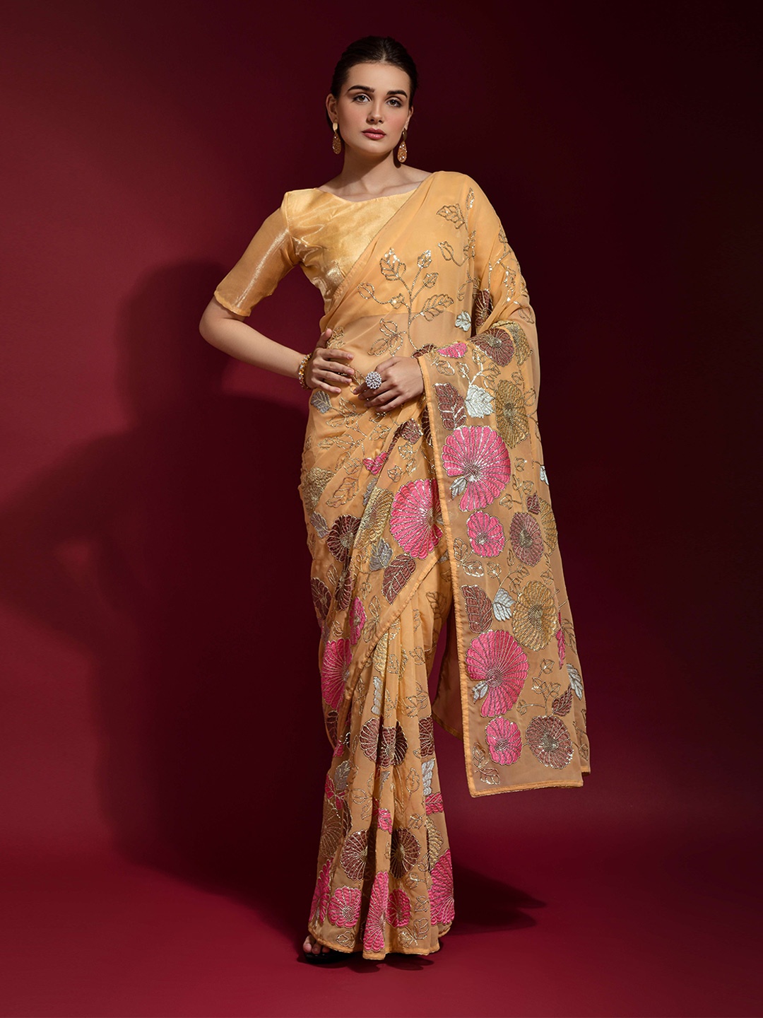 KALINI Floral Embroidered Pure Georgette Saree, Cream