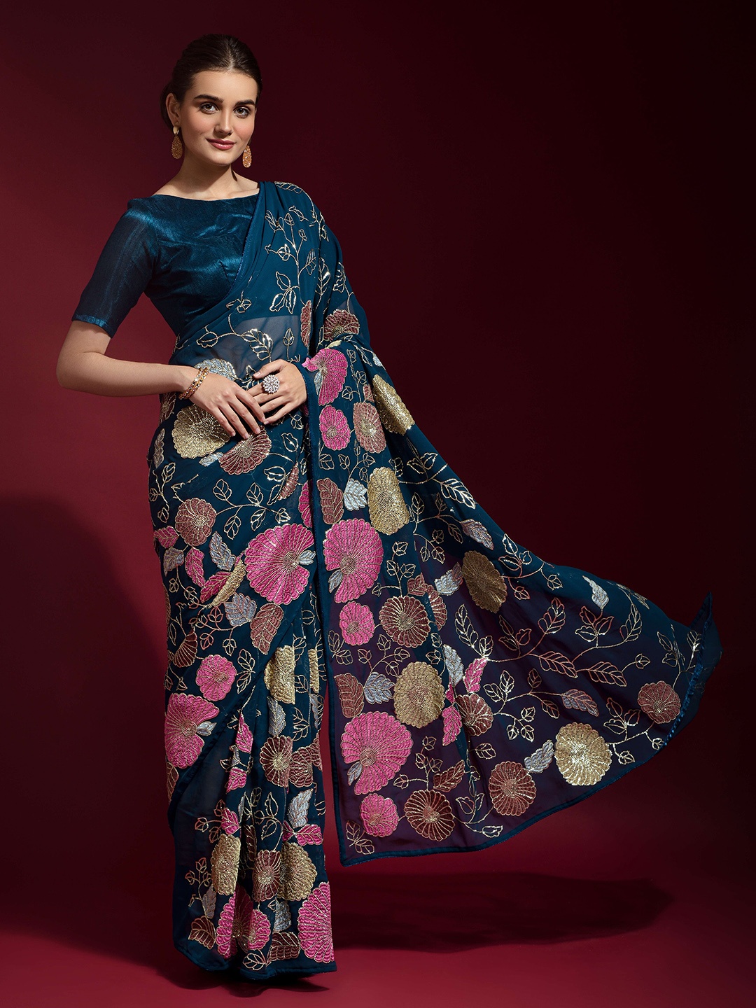 

KALINI Ethnic Motifs Embroidered Pure Georgette Heavy Work Saree, Teal