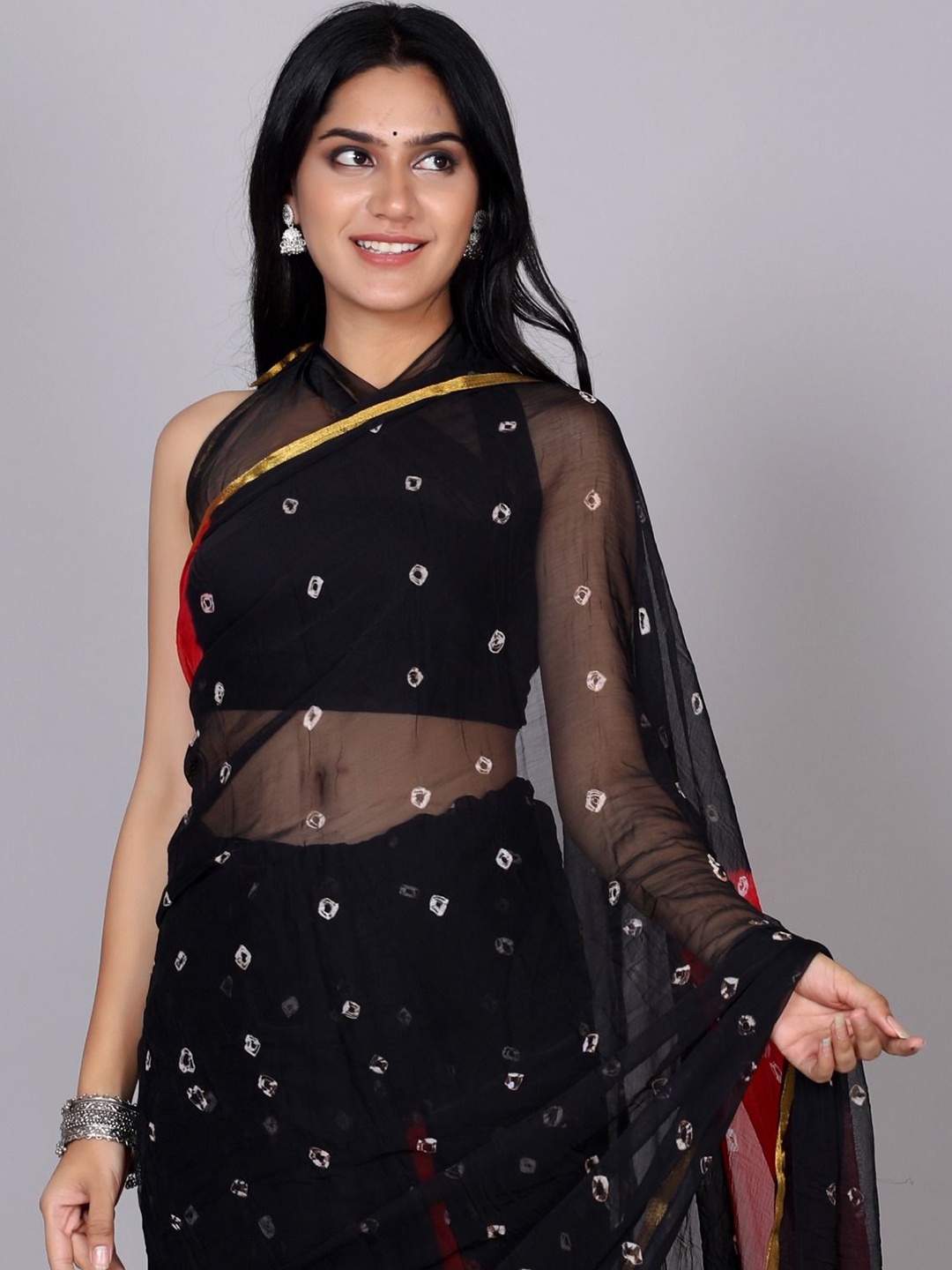 

RGF Bandhani Zari Pure Chiffon Bandhani Saree, Black