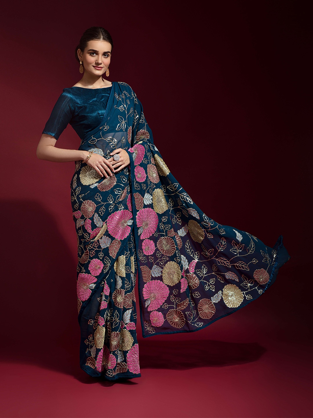 CANIZZARO Embroidered Pure Georgette Heavy Work Saree, Teal