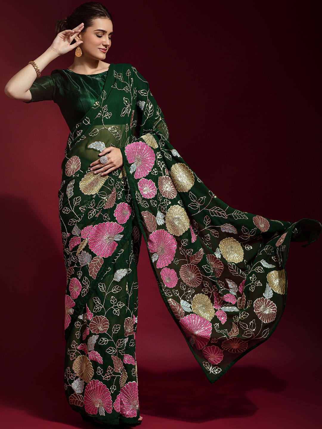 

CANIZZARO Floral Embroidered Pure Georgette Heavy Work Saree, Green