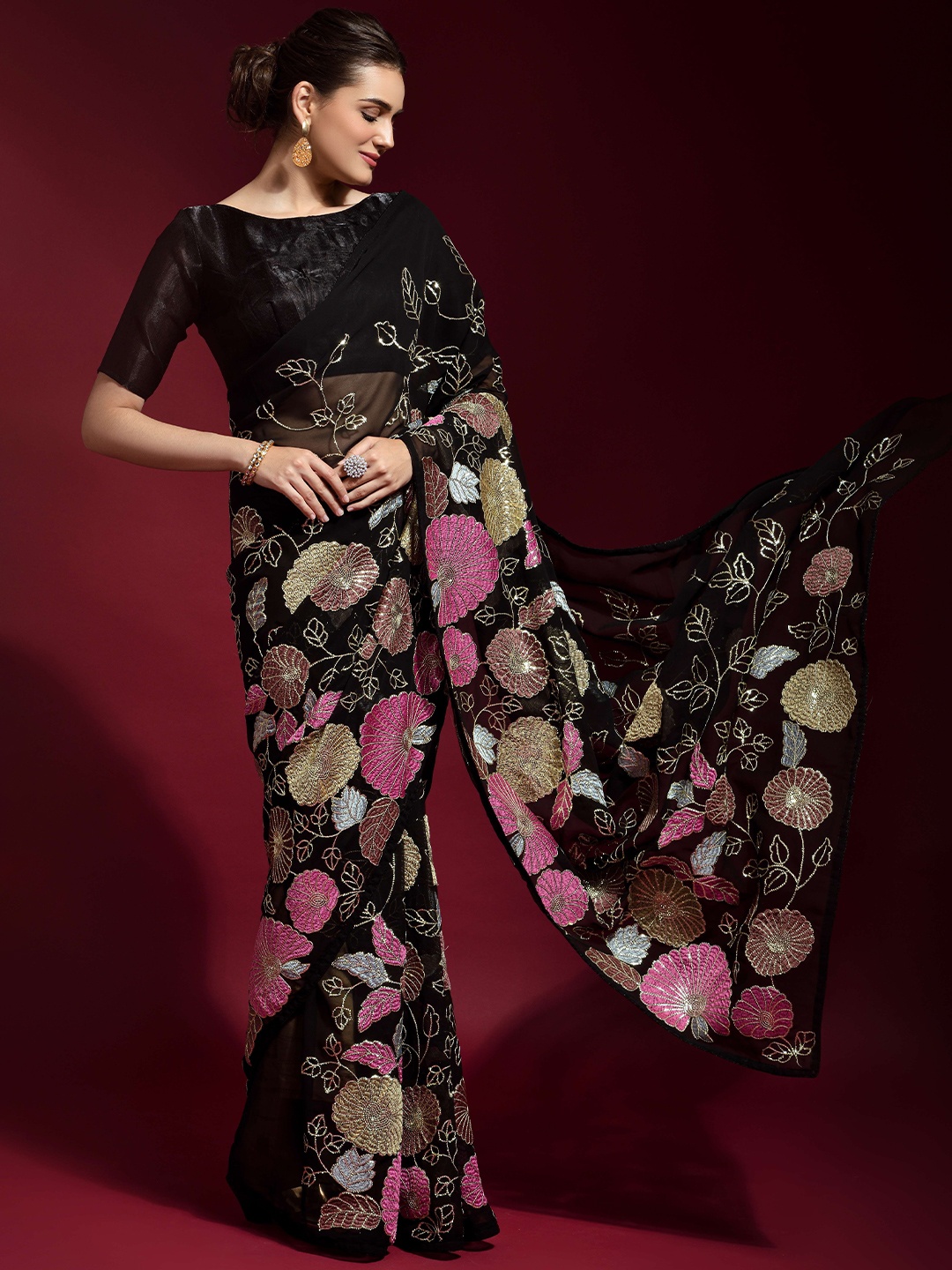 

CANIZZARO Ethnic Motifs Embroidered Pure Georgette Heavy Work Saree, Black