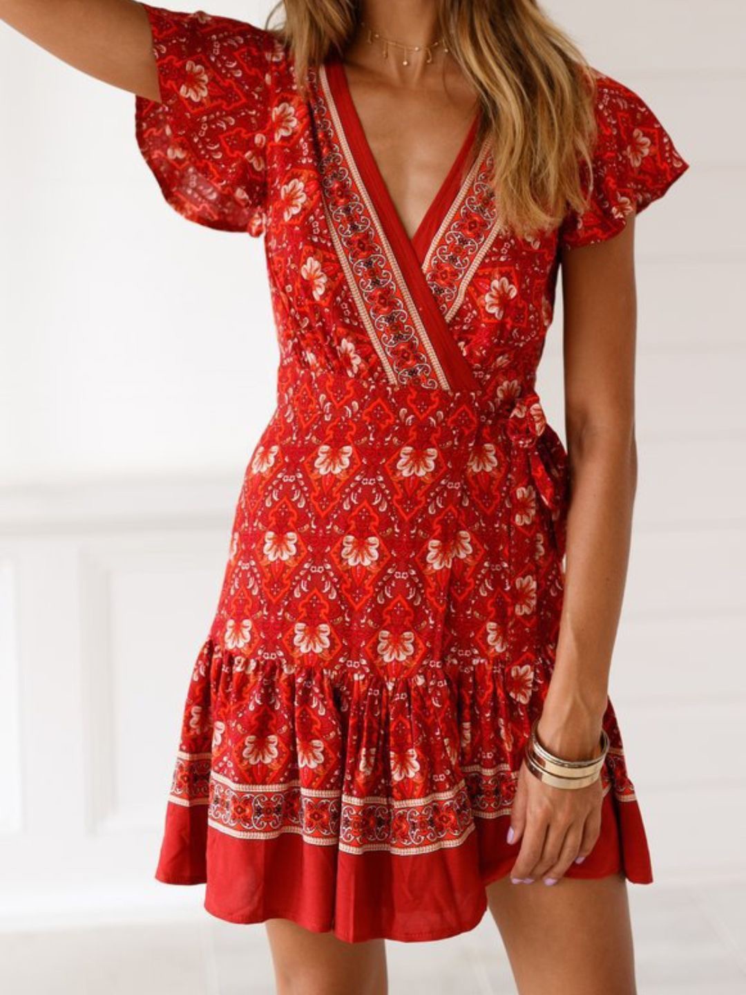 

4WRD by Dressberry Ethnic Motifs Print Flutter Sleeve Wrap Dress, Red