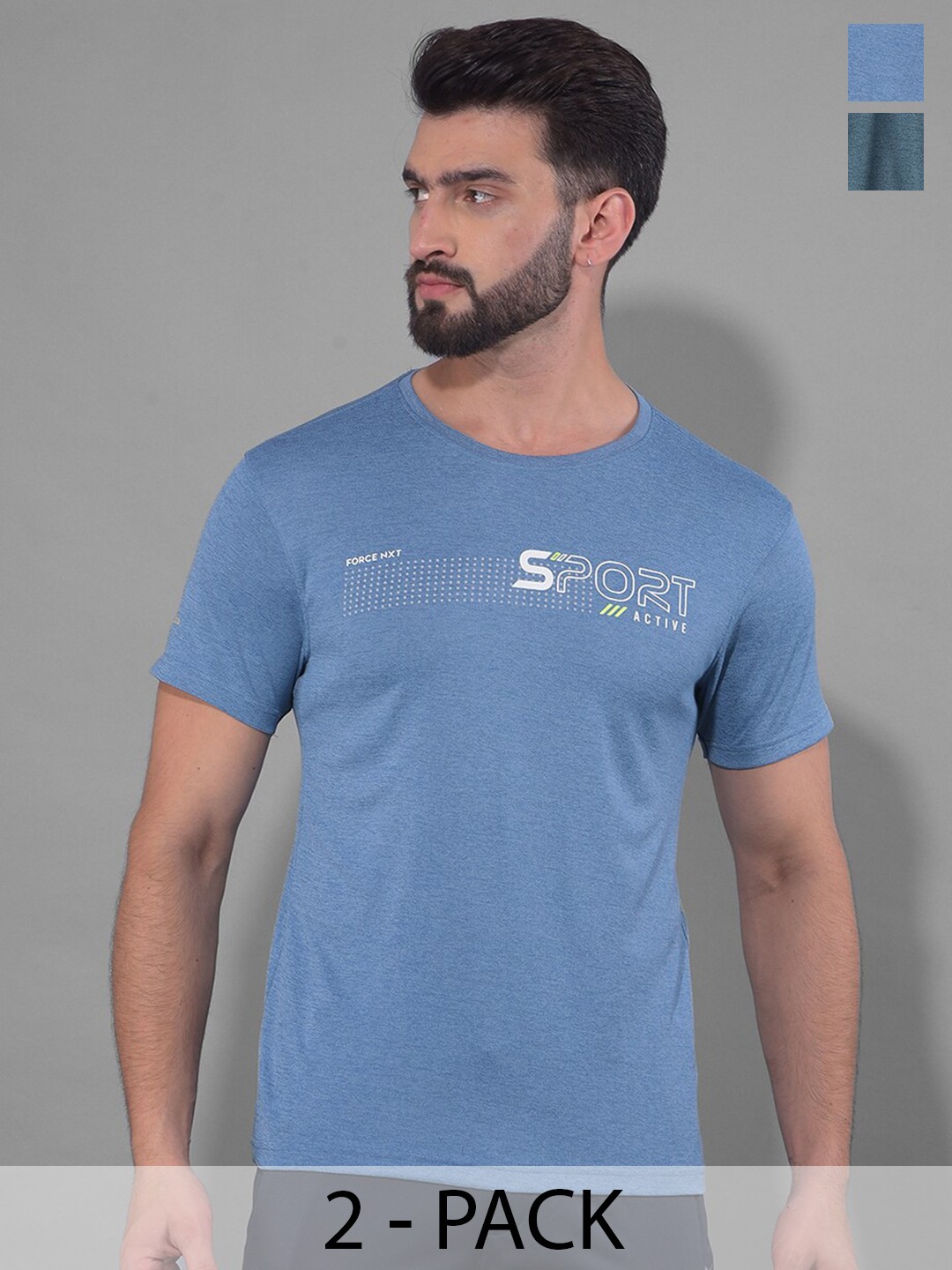 Force NXT Men Anti Odour Anti Viral Pack Of 2 Typography Printed T-shirt, Blue