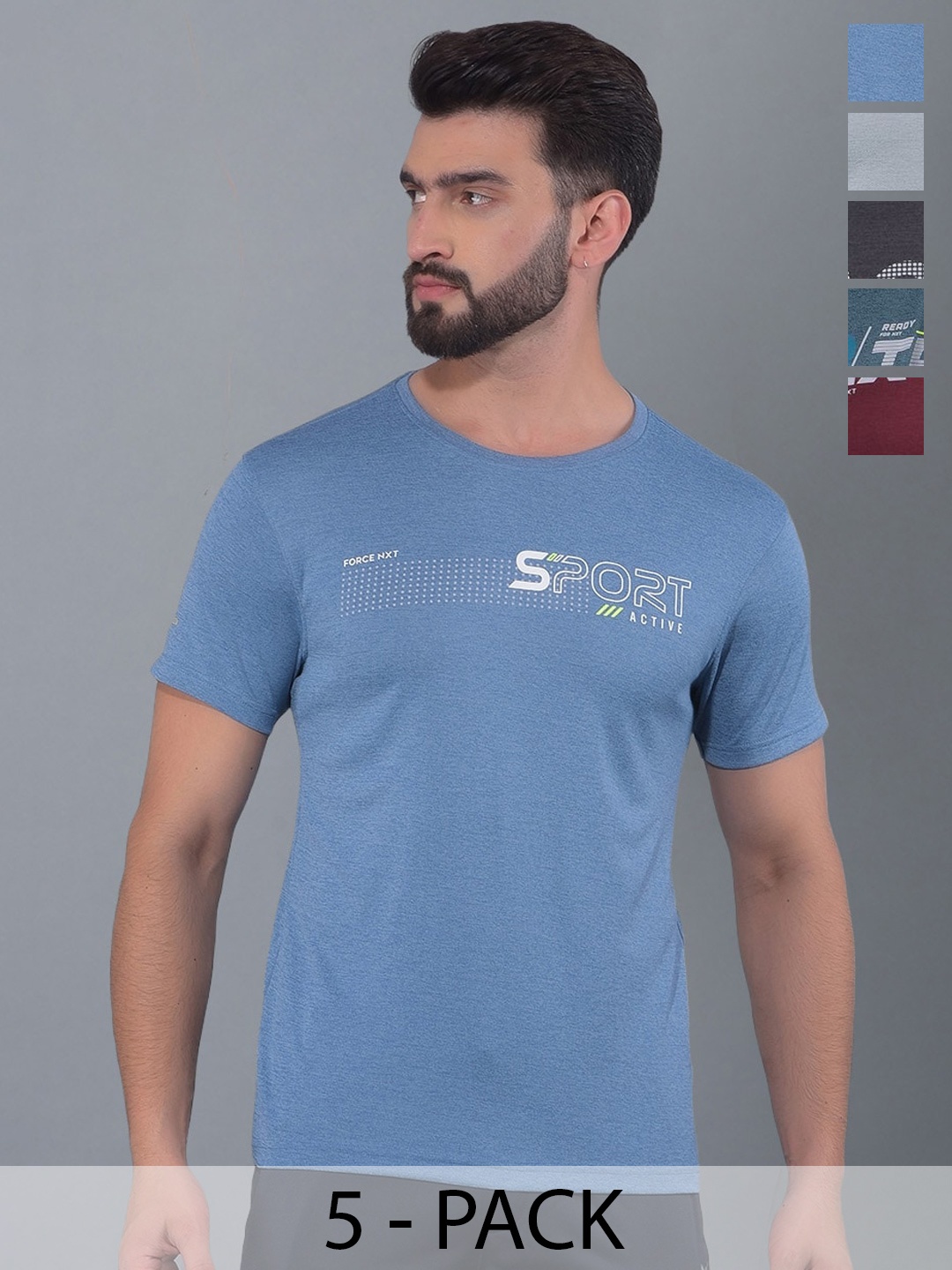 

Force NXT Men Anti Odour Anti Viral Pack Of 5 Typography Printed T-shirt, Blue