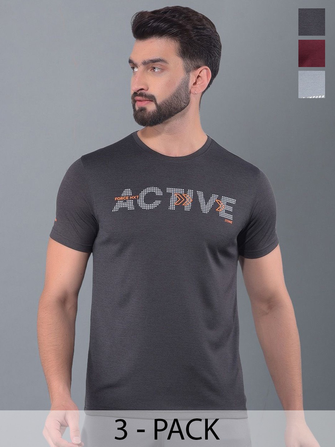 

Force NXT Men Anti Odour Anti Viral Pack Of 3 Typography Printed T-shirt, Grey