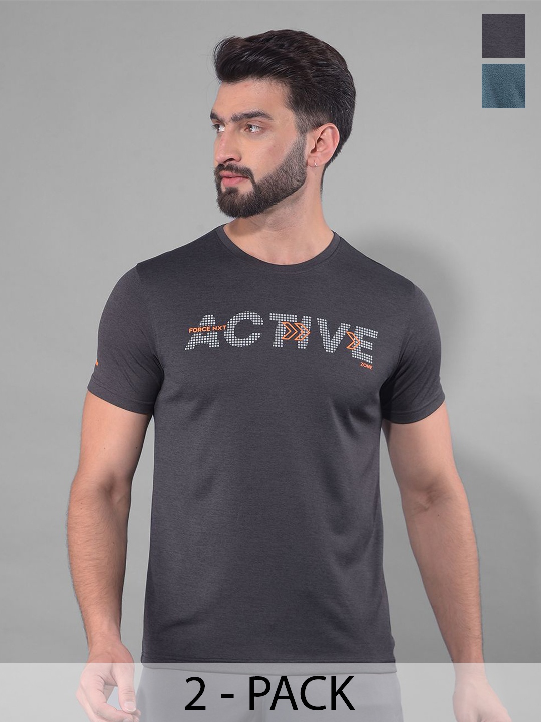 

Force NXT Men Pack Of 2 Anti Odour Typography Printed Round Neck Training or Gym T-shirt, Grey