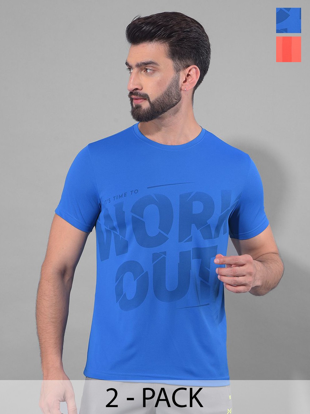 Force NXT Men Pack Of 2 Anti Odour Typography Printed Round Neck Training or Gym T-shirt, Blue