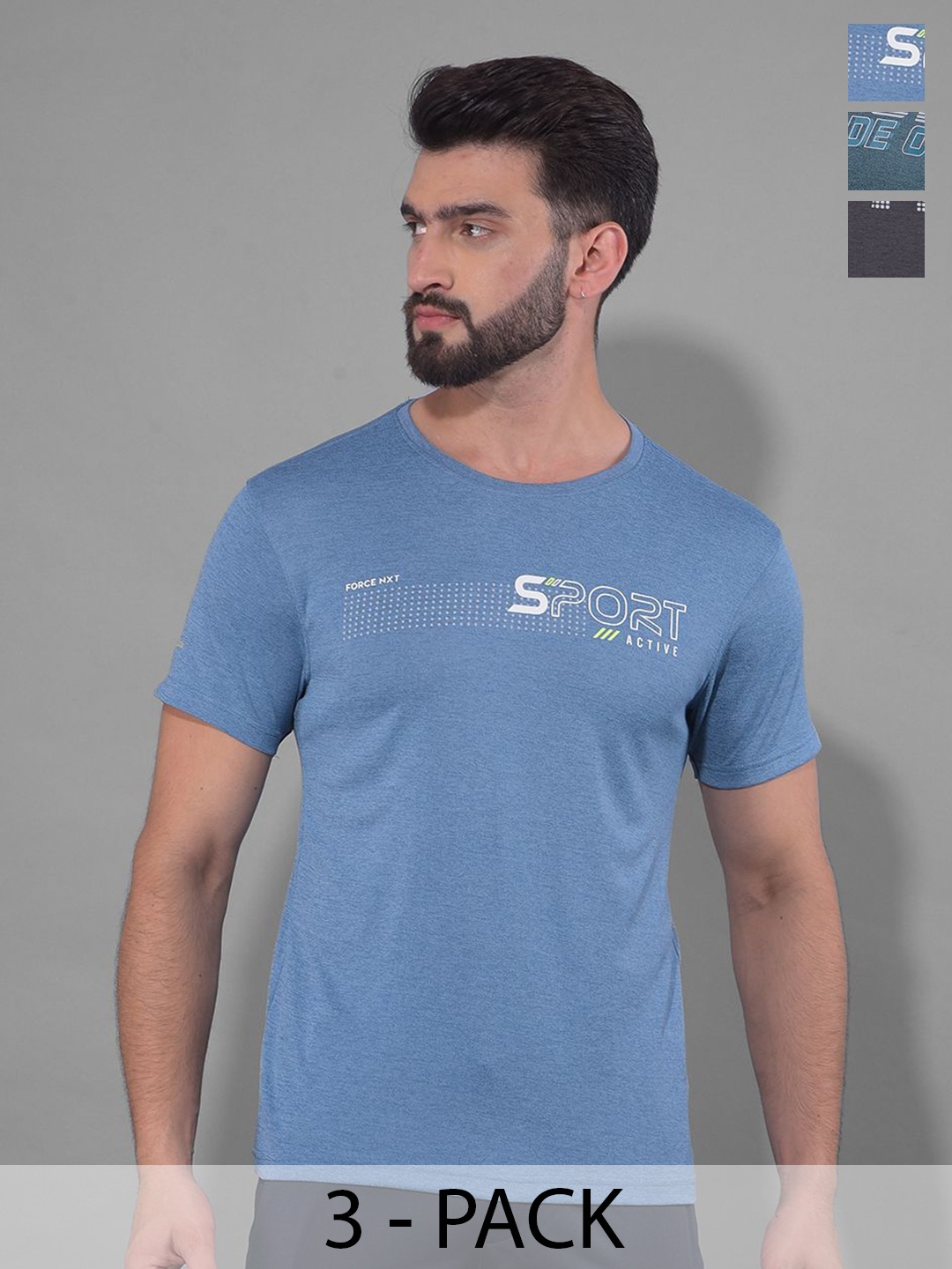

Force NXT Men Pack Of 3 Typography Printed Sports T-shirt, Blue