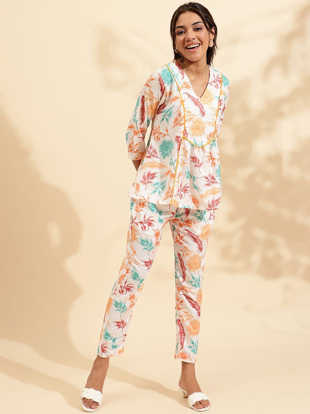 

Sringam Printed Tunic With Trousers Co-Ords, White