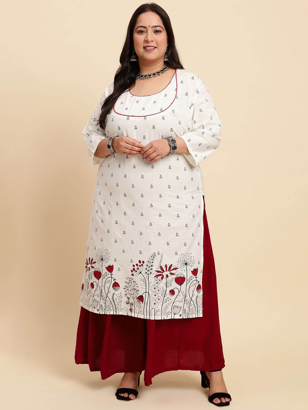 

Sringam Floral Printed Scoop Neck Flared Sleeves Kurta, White