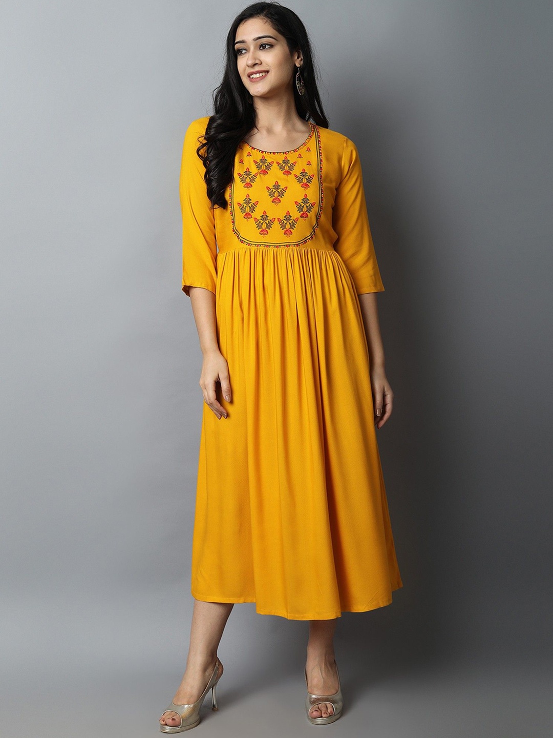 

ANUTTARA FASHIONS Floral Embroidered Thread Work A-Line Kurta, Mustard