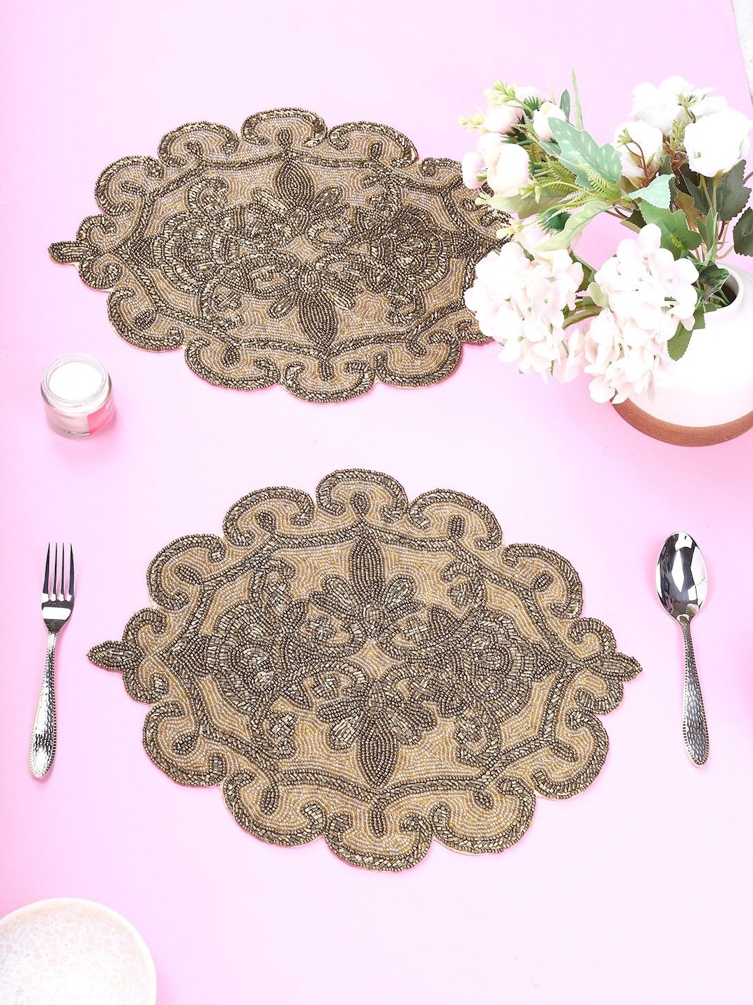 

Aditya Impex Brown & Cream 2Pieces Floral Beaded Table Placemats