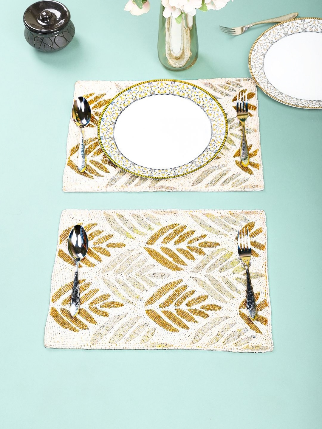 

Aditya Impex White & Cream 2 Pieces Beaded Table Placemats