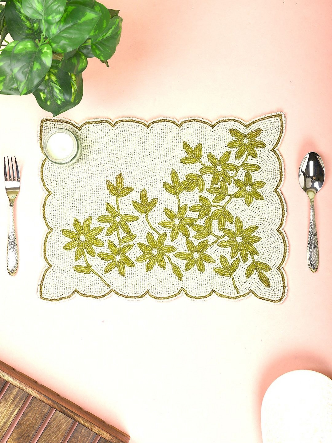 

Aditya Impex White & Cream Floral Beaded Table Placemat