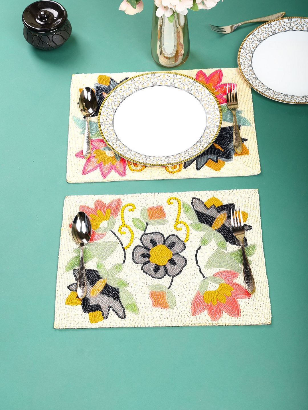 

Aditya Impex White & Blue 2 Pieces Beaded Table Placemats