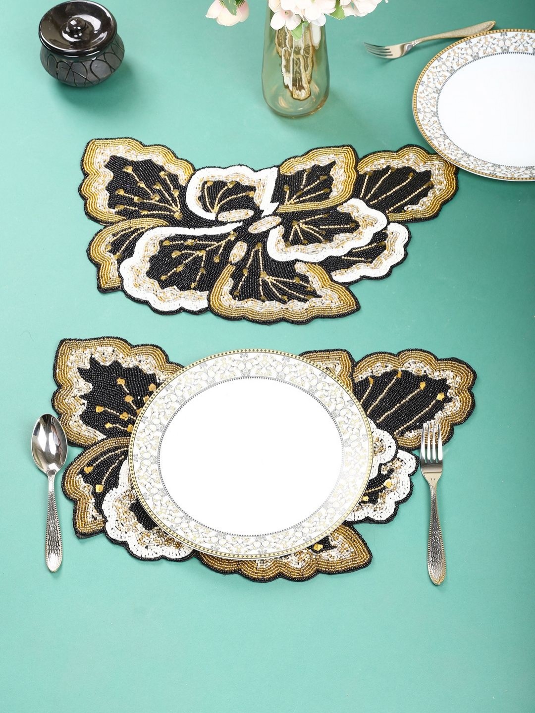 

Aditya Impex Black & White 2 Pieces Beaded Floral Table Placemats