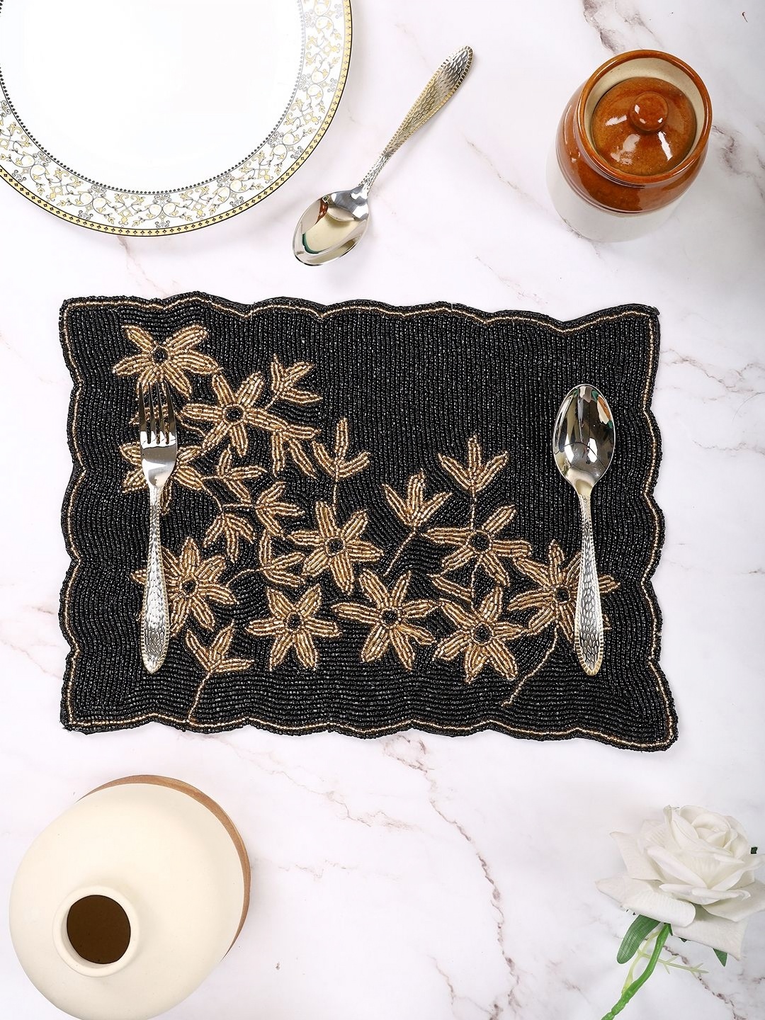 

Aditya Impex Black & Yellow Beaded Floral Table Placemats