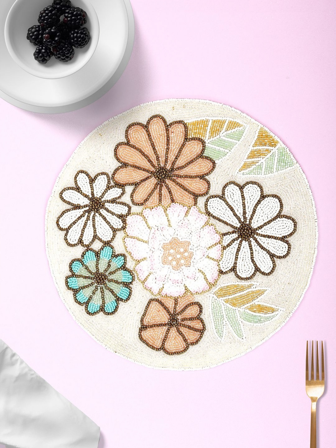 

Aditya Impex White & Green Beaded Floral Round Table Placemat