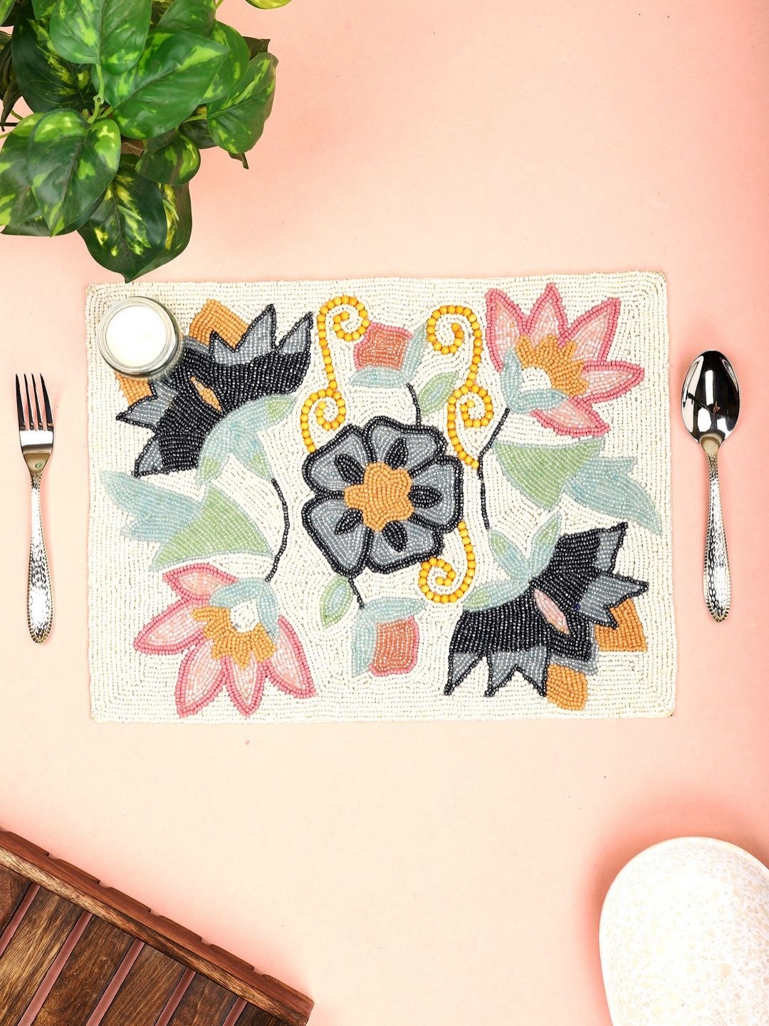 

Aditya Impex Cream & Grey Beaded Floral Table Placemats