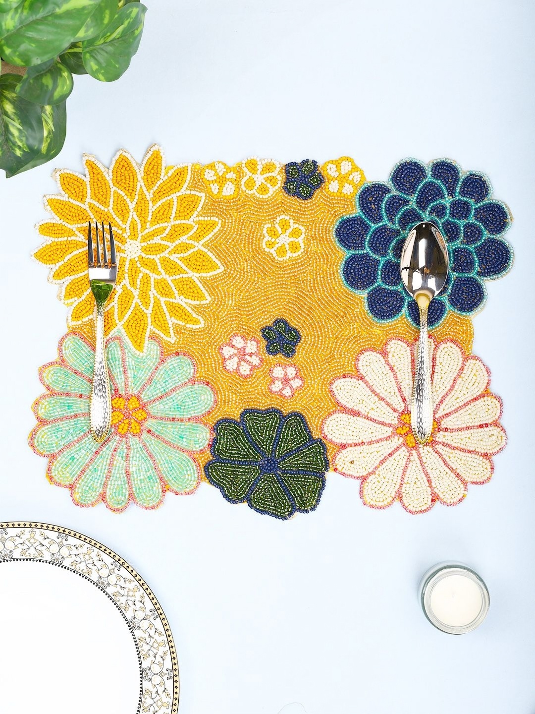 

Aditya Impex Yellow & Green Floral Beaded Table Placemat