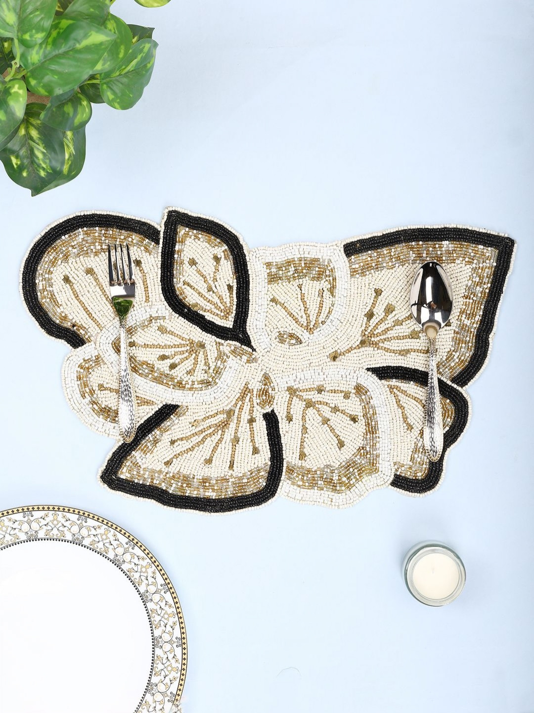 

Aditya Impex Cream Coloured & Black Beaded Floral Table Placemats