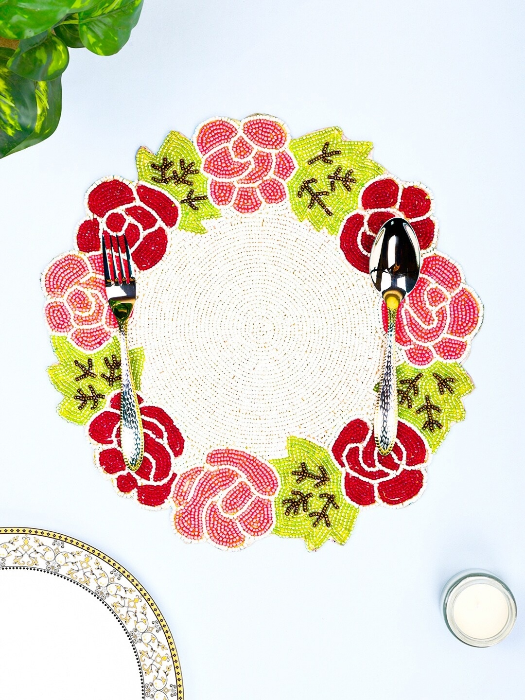 

Aditya Impex White & Pink Floral Embellished Round Table Placemat