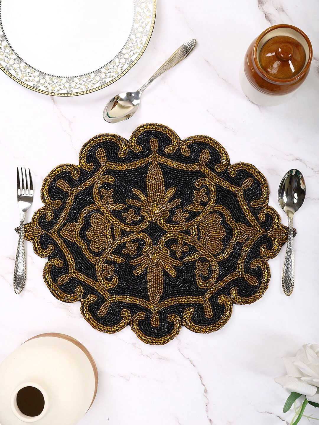 

Aditya Impex Black & Brown Floral Beaded Table Placemat