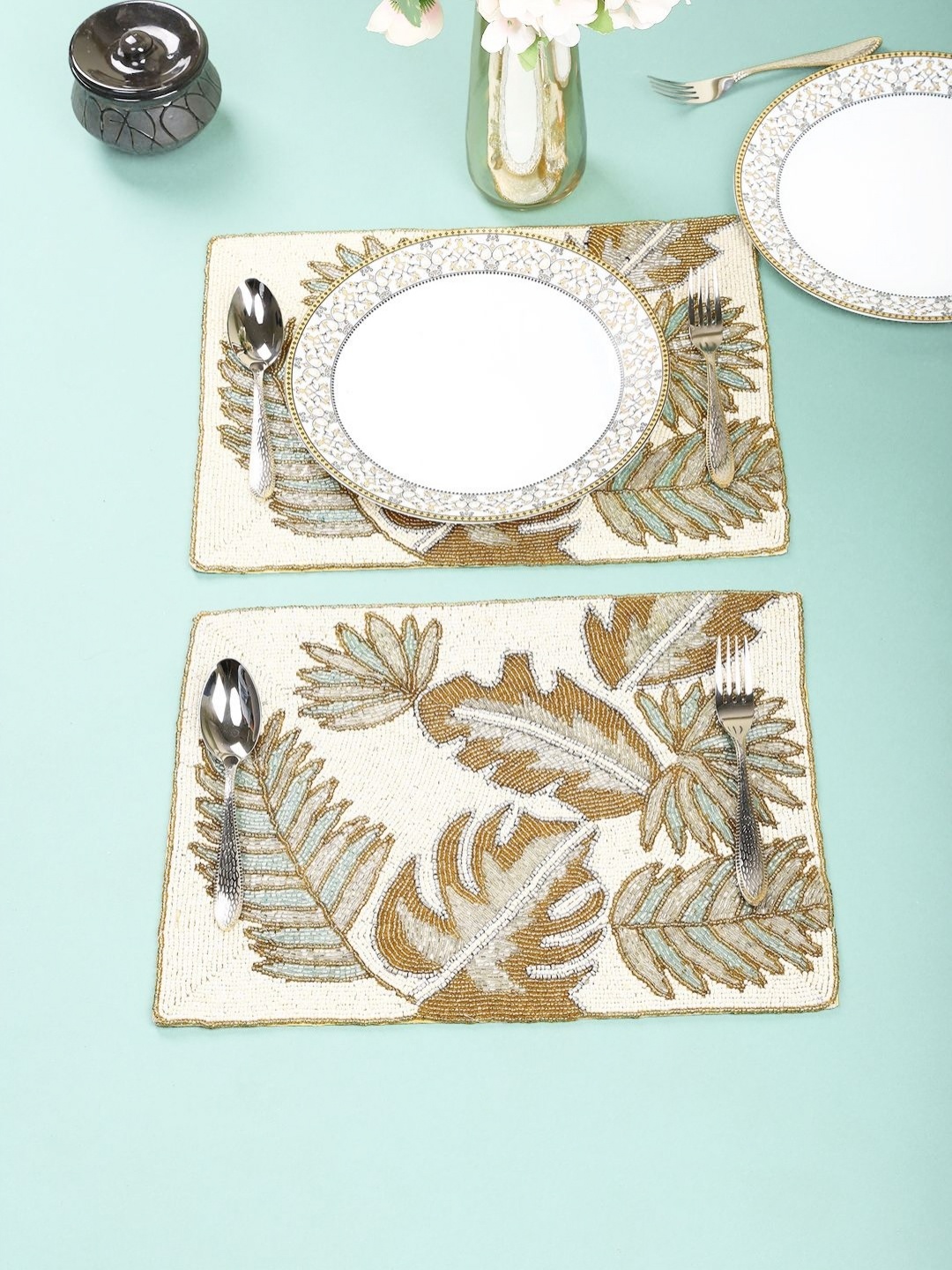 

Aditya Impex White & Cream 2 Pieces Beaded Table Placemats