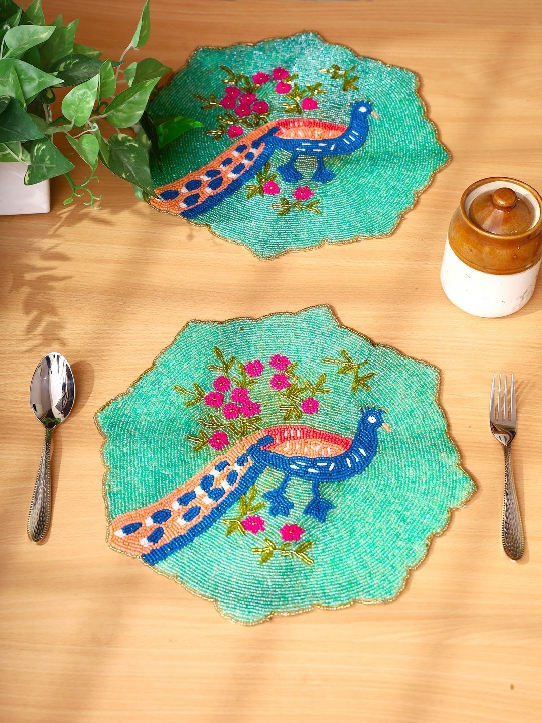 

Aditya Impex Green & Blue 2Pieces Embellished Table Placemats