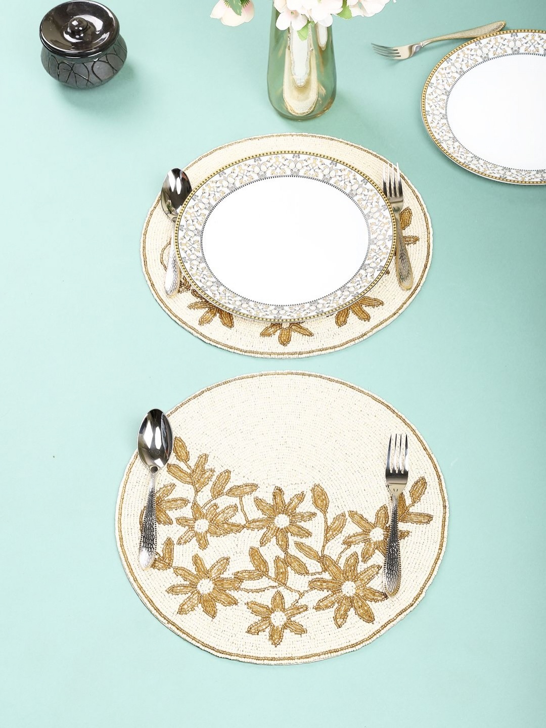 

Aditya Impex White & Brown 2Pieces Floral Embellished Table Placemats