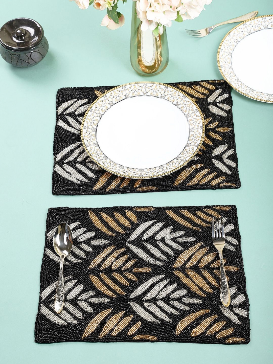 

Aditya Impex Black & White 2Pieces Embellished Table Placemats