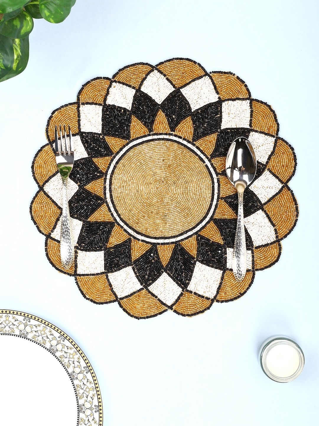 

Aditya Impex Brown & Black Embellished Beaded Table Placemat