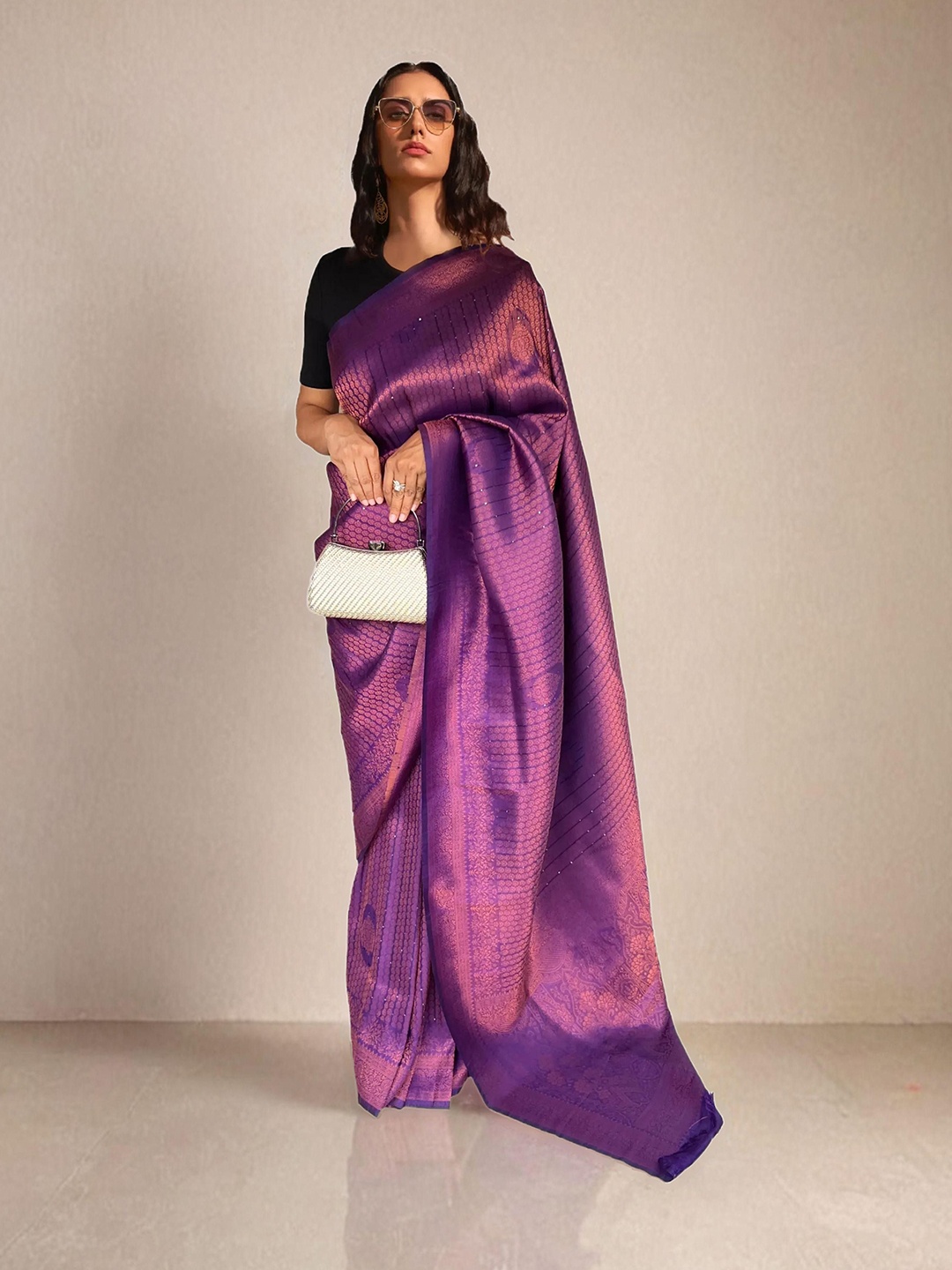 

NK Textiles Ethnic Motifs Zari Kanjeevaram Saree, Purple